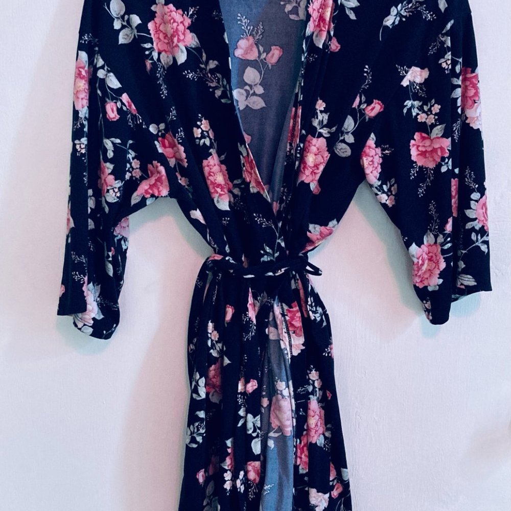 Floral Black & Pink Satin Robe and Short Set - Women's Intimates - Picture 2 of 5